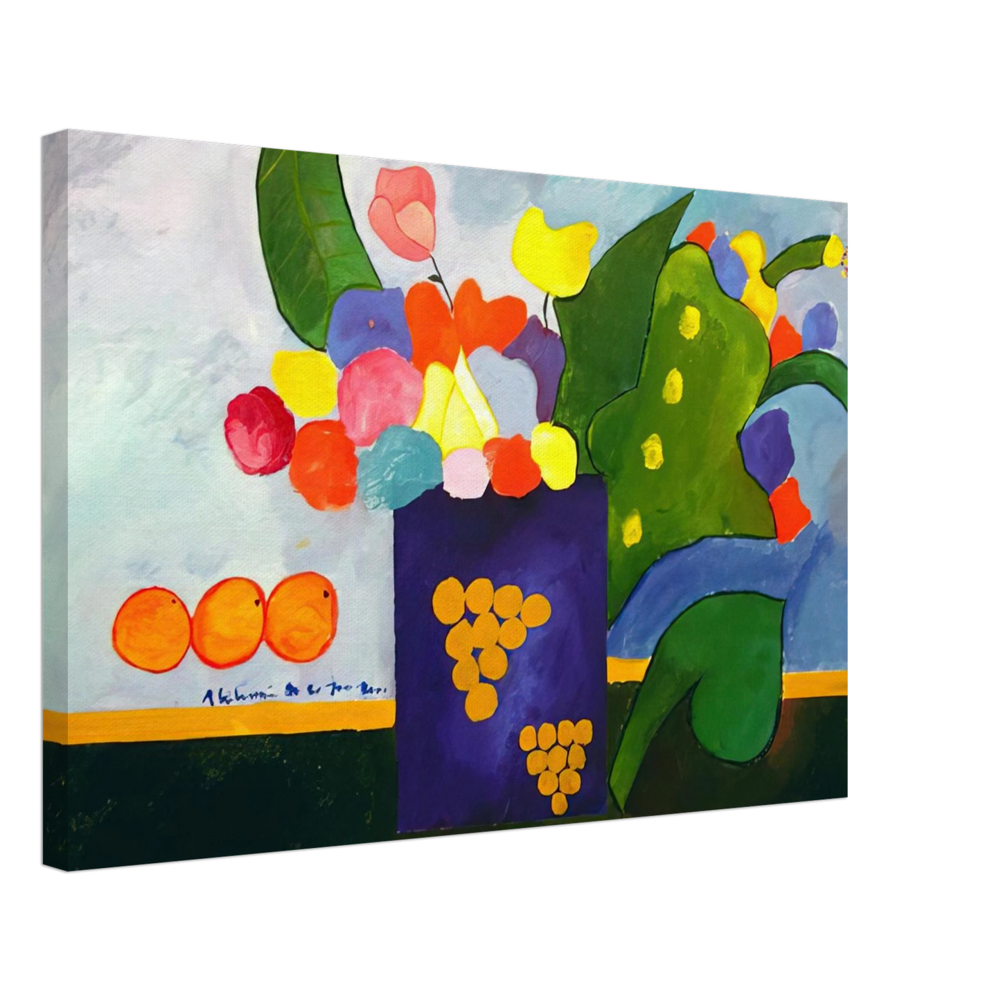 Aldemir Martins - Vase With Flowers and Fruit - 2001 Canvas - 40x60 cm / 16x24 inches-canvas