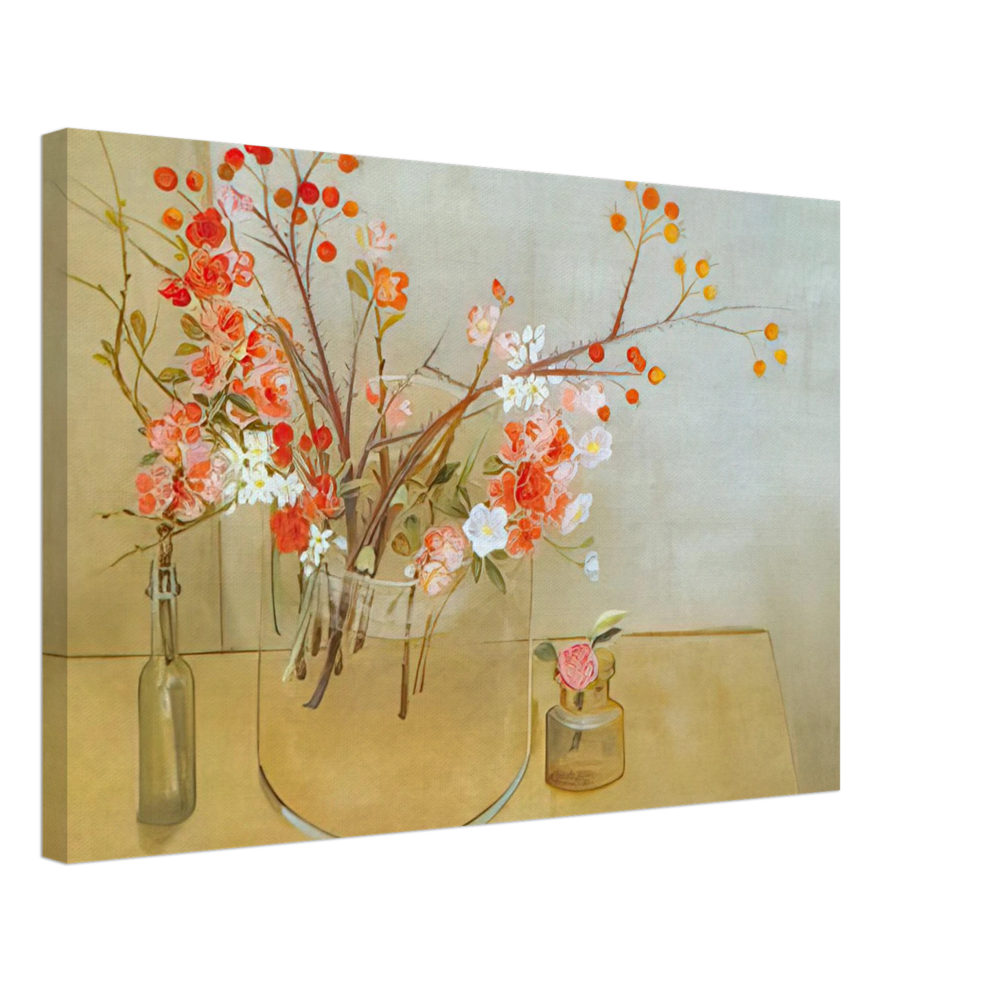 Morris Graves - Winter Bouquet flowering quince, rosehaws, narcissus, winter rose and camellia - 1977 Canvas - 70x100 cm / 28x40 inches-canvas