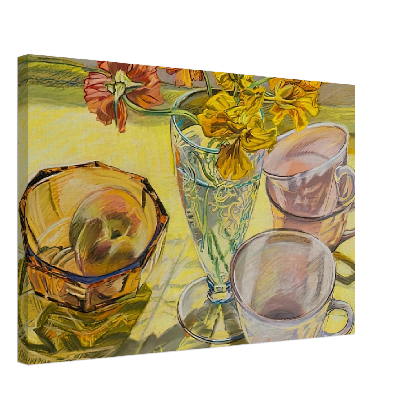 Janet Fish - NASTURTIUMS AND PINK CUPS 1981 Canvas - 70x100 cm / 28x40 inches-canvas