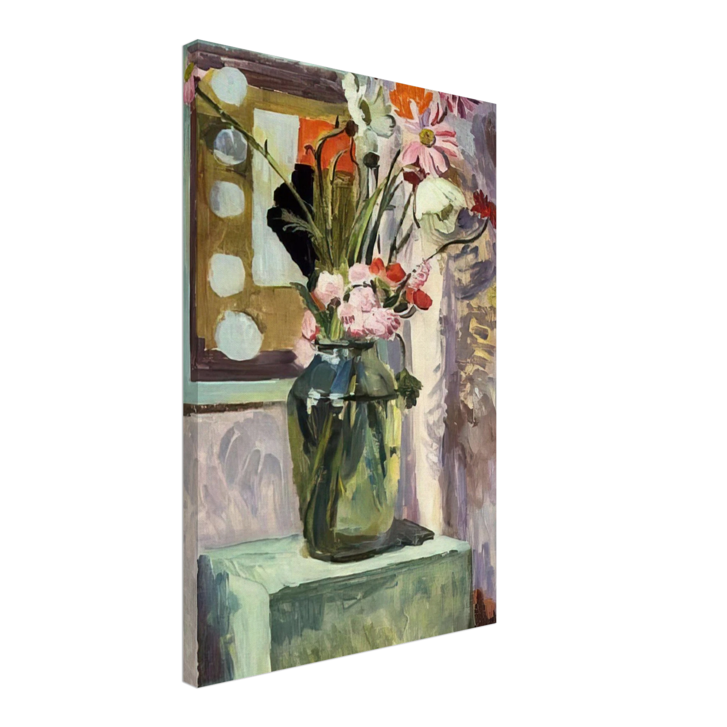 Vanessa Bell - FLOWERS IN A GLASS VASE WITH ABSTRACT NEEDLEWORK DESIGN Canvas - 70x100 cm / 28x40 inches-canvas