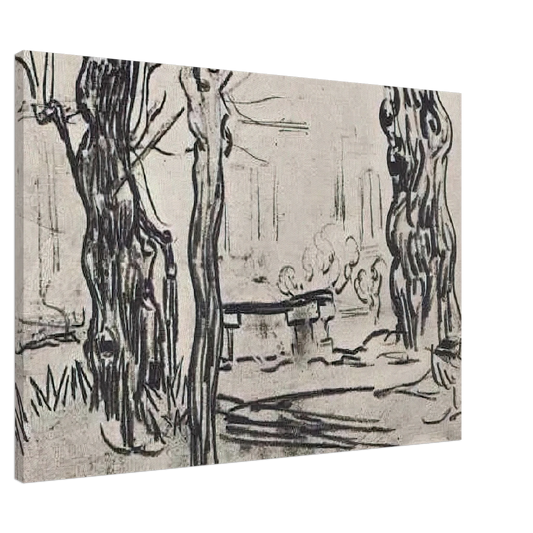 Vincent van Gogh - Garden of the Asylum and Tree Trunks and a Stone Bench Canvas - 20x30 cm / 8x12 inches-canvas