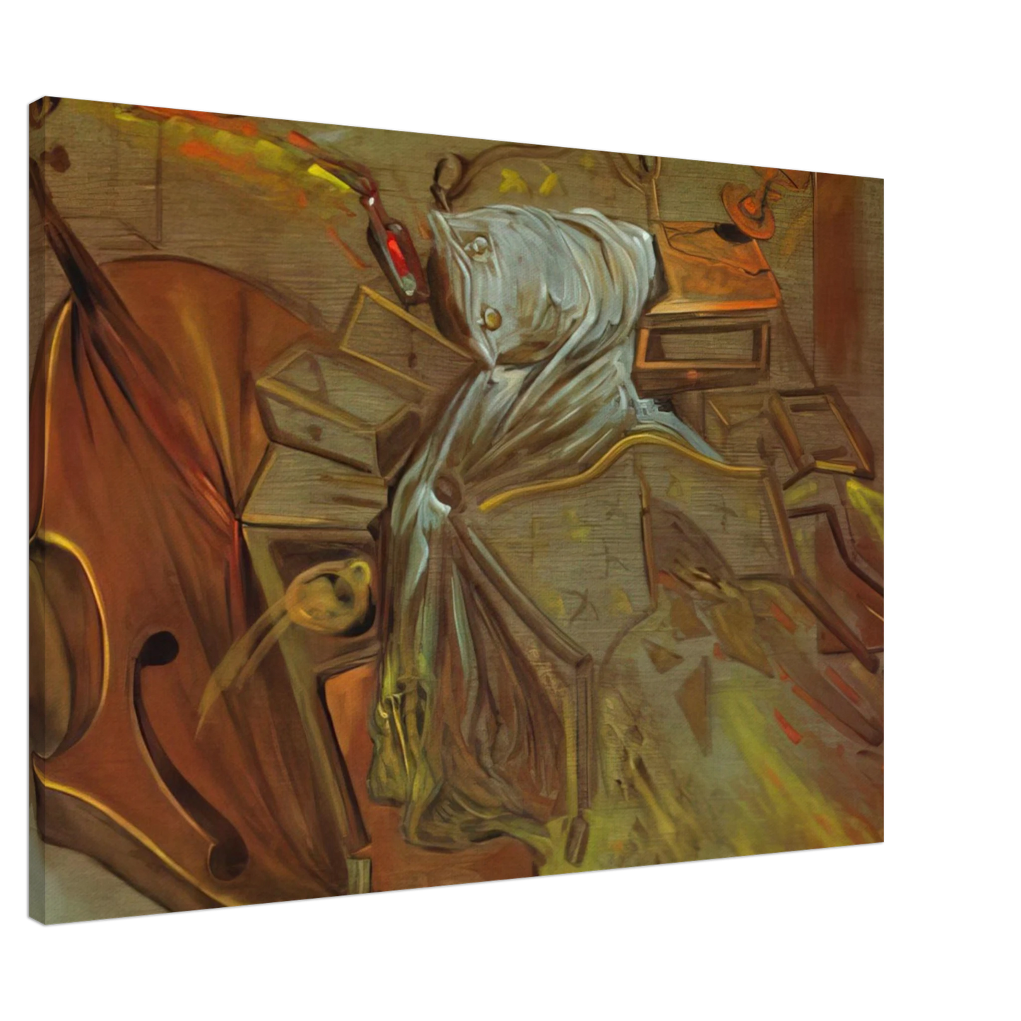 Salvador Dali - BED AND TWO BEDSIDE TABLES FEROCIOUSLY ATTACKING A CELLO Canvas - 20x30 cm / 8x12 inches-canvas