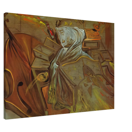 Salvador Dali - BED AND TWO BEDSIDE TABLES FEROCIOUSLY ATTACKING A CELLO Canvas - 20x30 cm / 8x12 inches-canvas