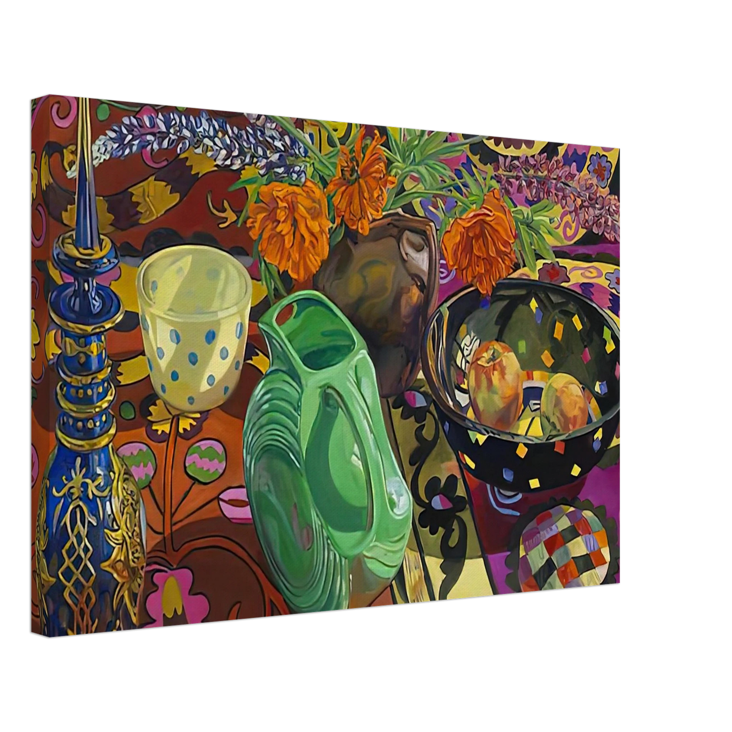 Janet Fish - BLUE DECANTER POLKA DOT BOWL SUZANI 2009 Canvas - 70x100 cm / 28x40 inches-canvas