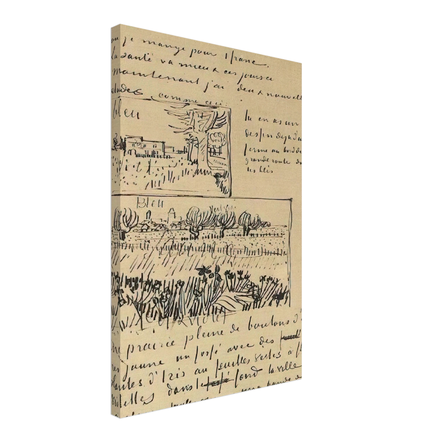 Vincent van Gogh - Farmhouse with Wheat Field along a Road and Field with Flowers Canvas - 70x100 cm / 28x40 inches-canvas