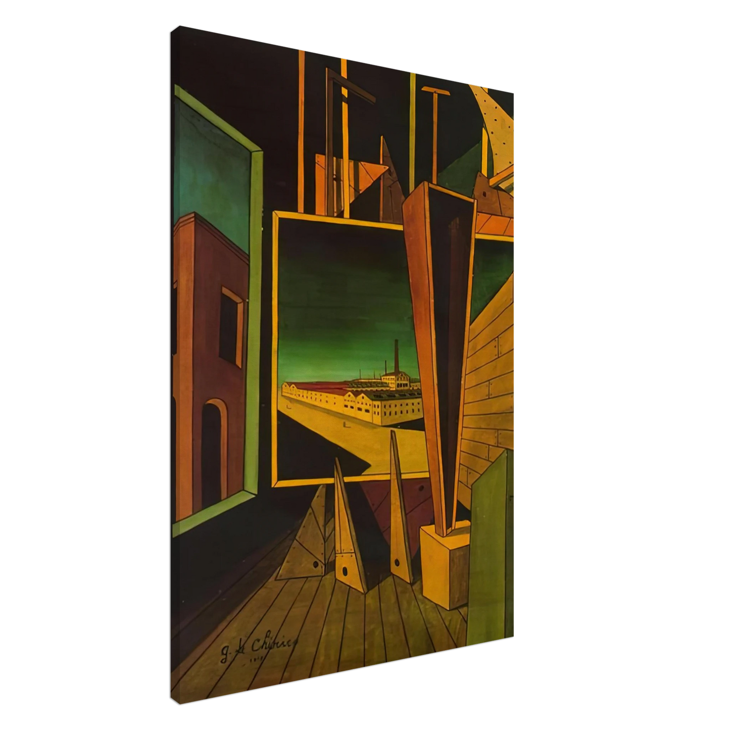 Giorgio de Chirico - GEOMETRIC COMPOSITION WITH FACTORY LANDSCAPE 1917 Canvas - 20x30 cm / 8x12 inches-canvas