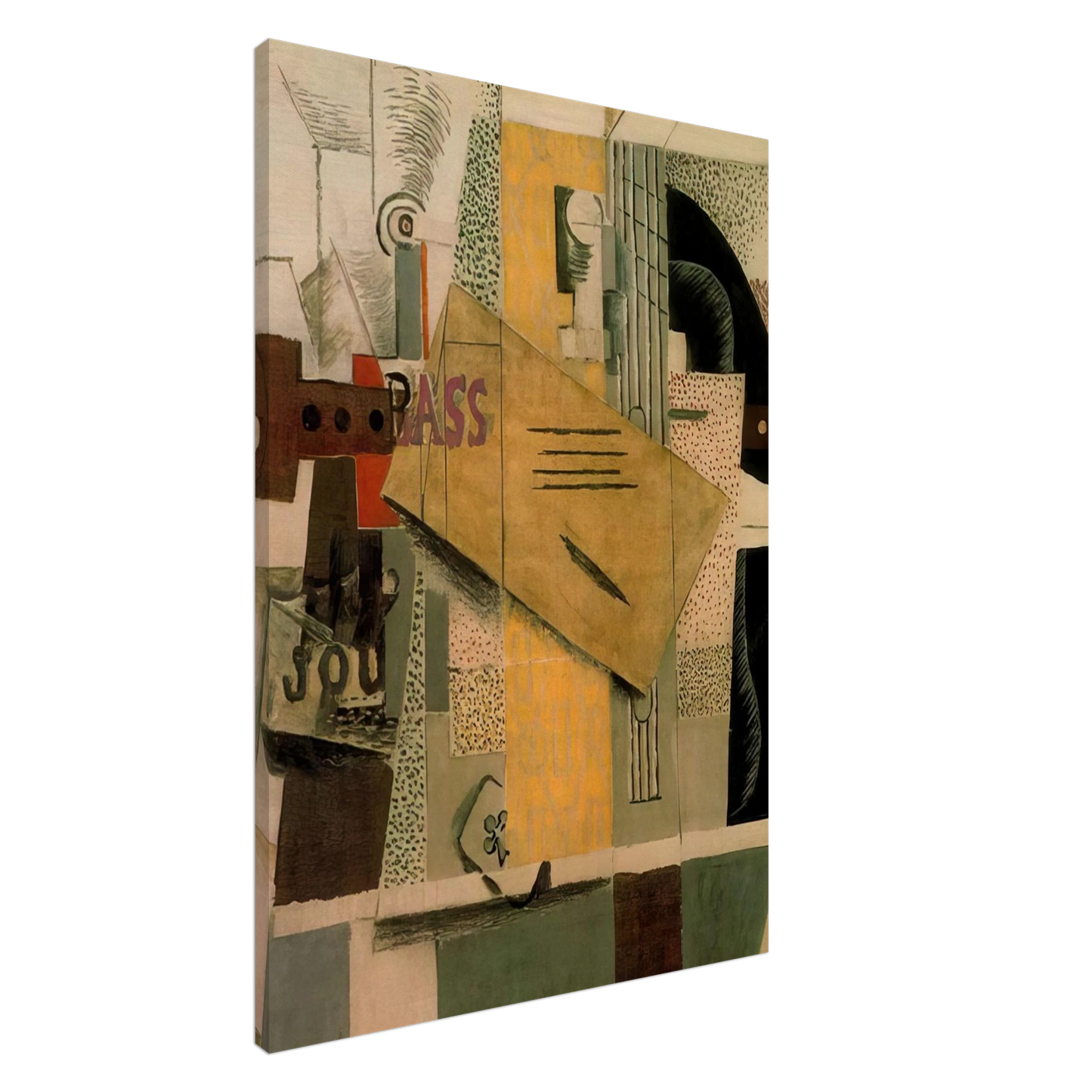 Pablo Picasso - Clarinet, bottle of bass, newspaper, ace of clubs - 1913 Canvas - 20x30 cm / 8x12 inches-canvas