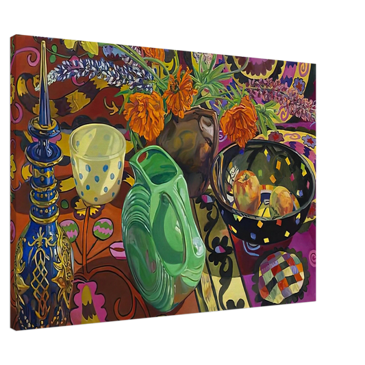 Janet Fish - BLUE DECANTER POLKA DOT BOWL SUZANI 2009 Canvas - 20x30 cm / 8x12 inches-canvas