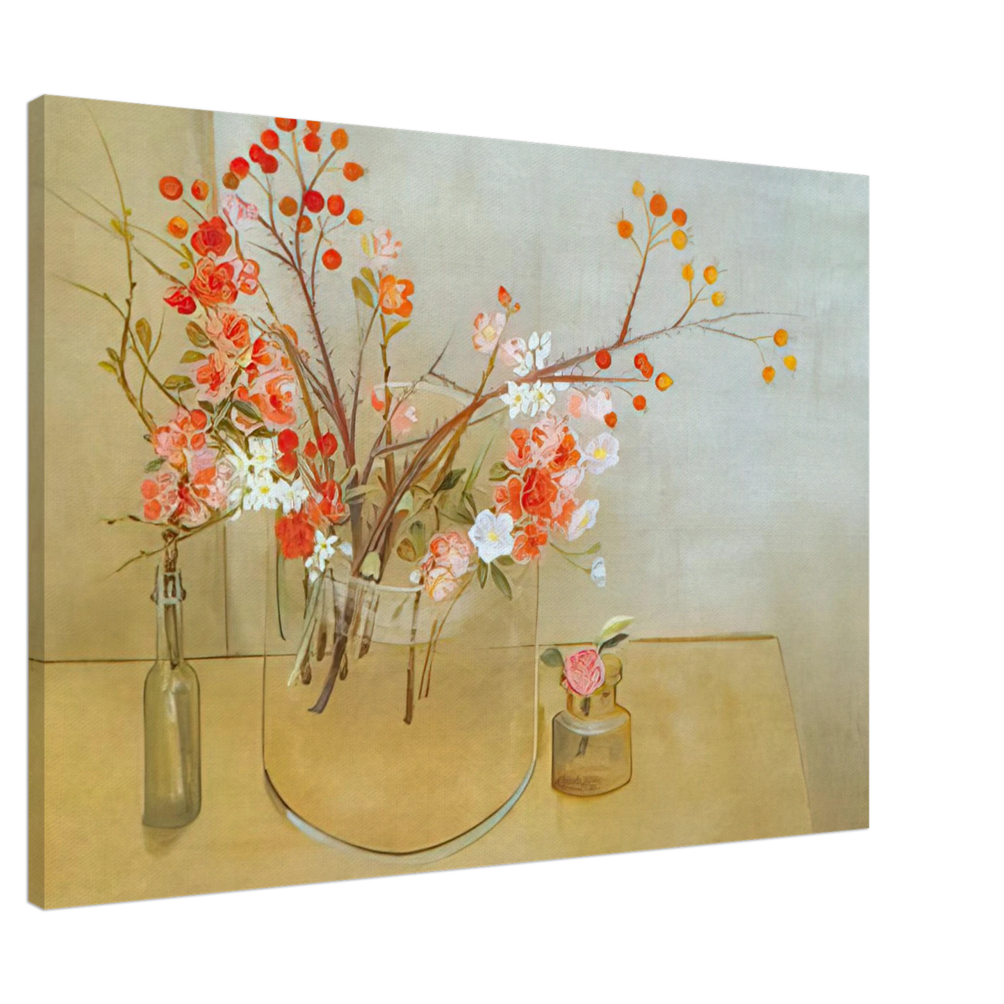 Morris Graves - Winter Bouquet flowering quince, rosehaws, narcissus, winter rose and camellia - 1977 Canvas - 20x30 cm / 8x12 inches-canvas