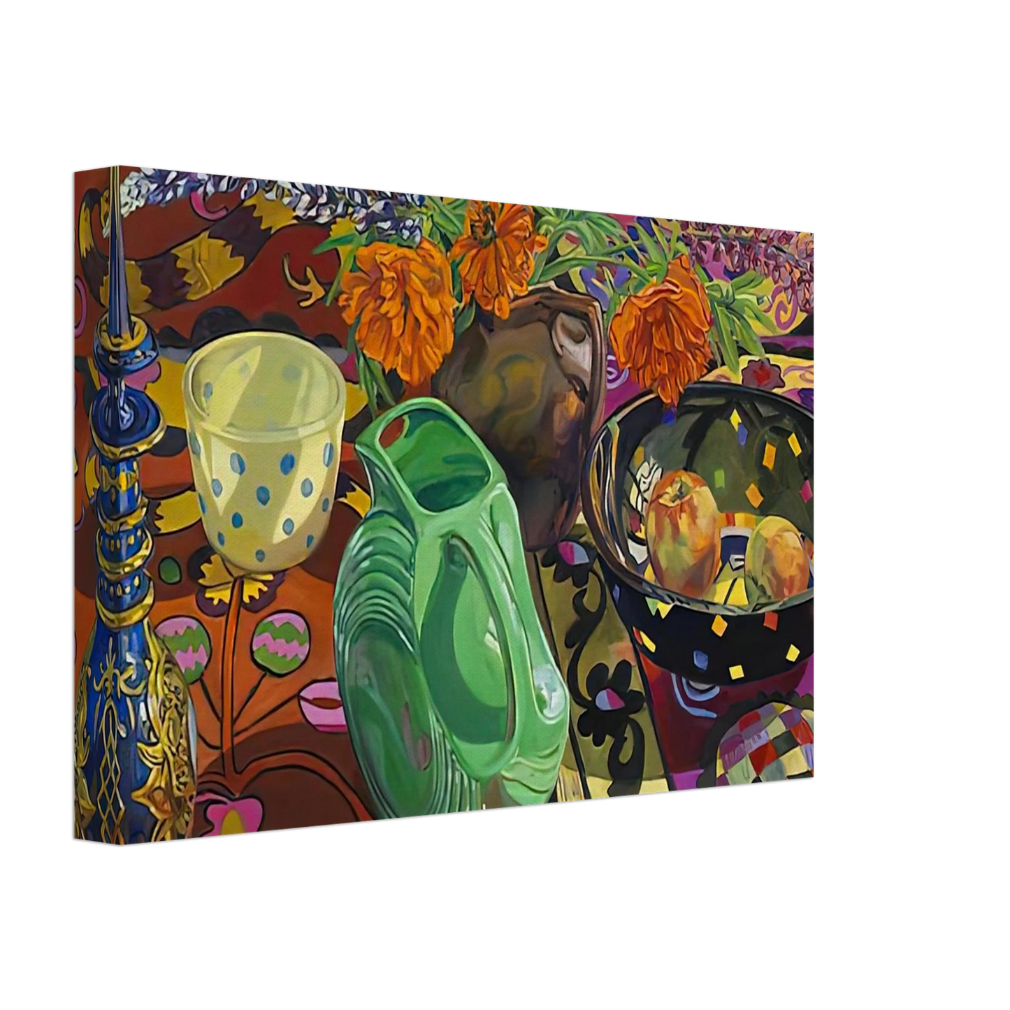 Janet Fish - BLUE DECANTER POLKA DOT BOWL SUZANI 2009 Canvas - 40x60 cm / 16x24 inches-canvas