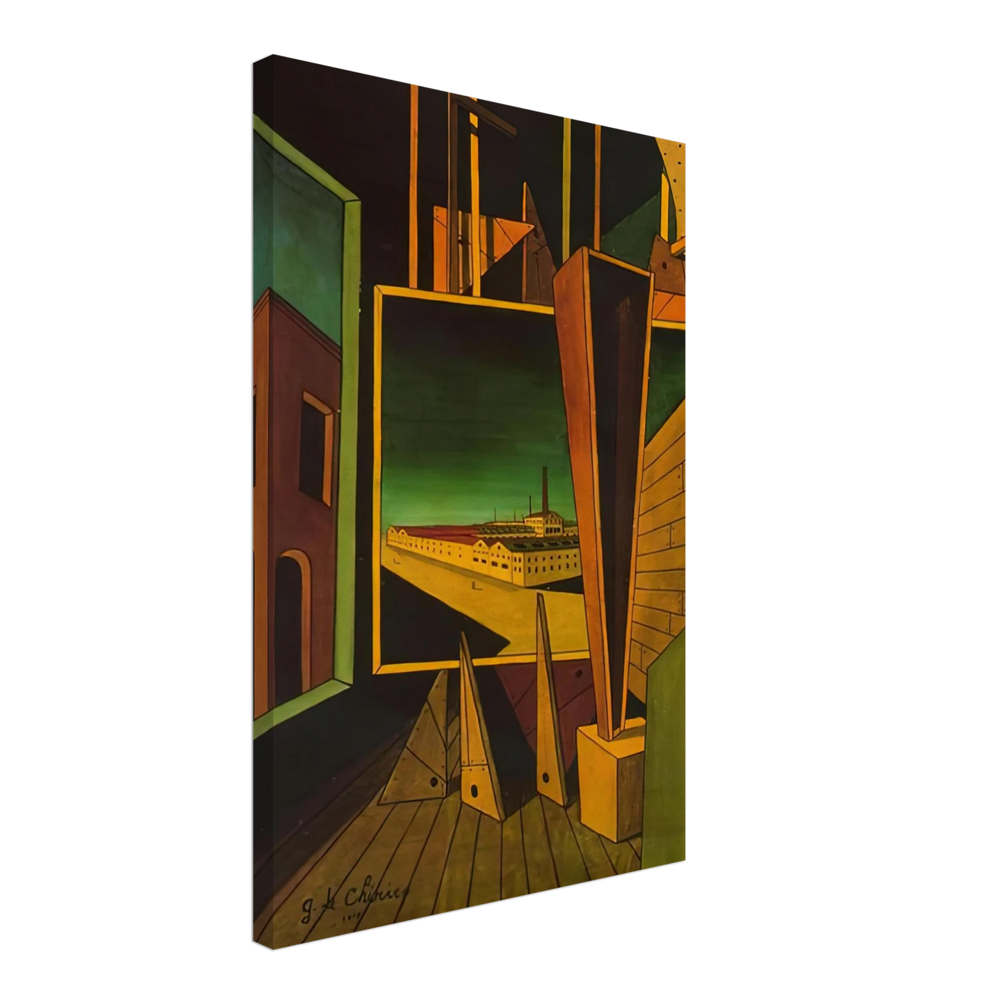 Giorgio de Chirico - GEOMETRIC COMPOSITION WITH FACTORY LANDSCAPE 1917 Canvas - 40x60 cm / 16x24 inches-canvas