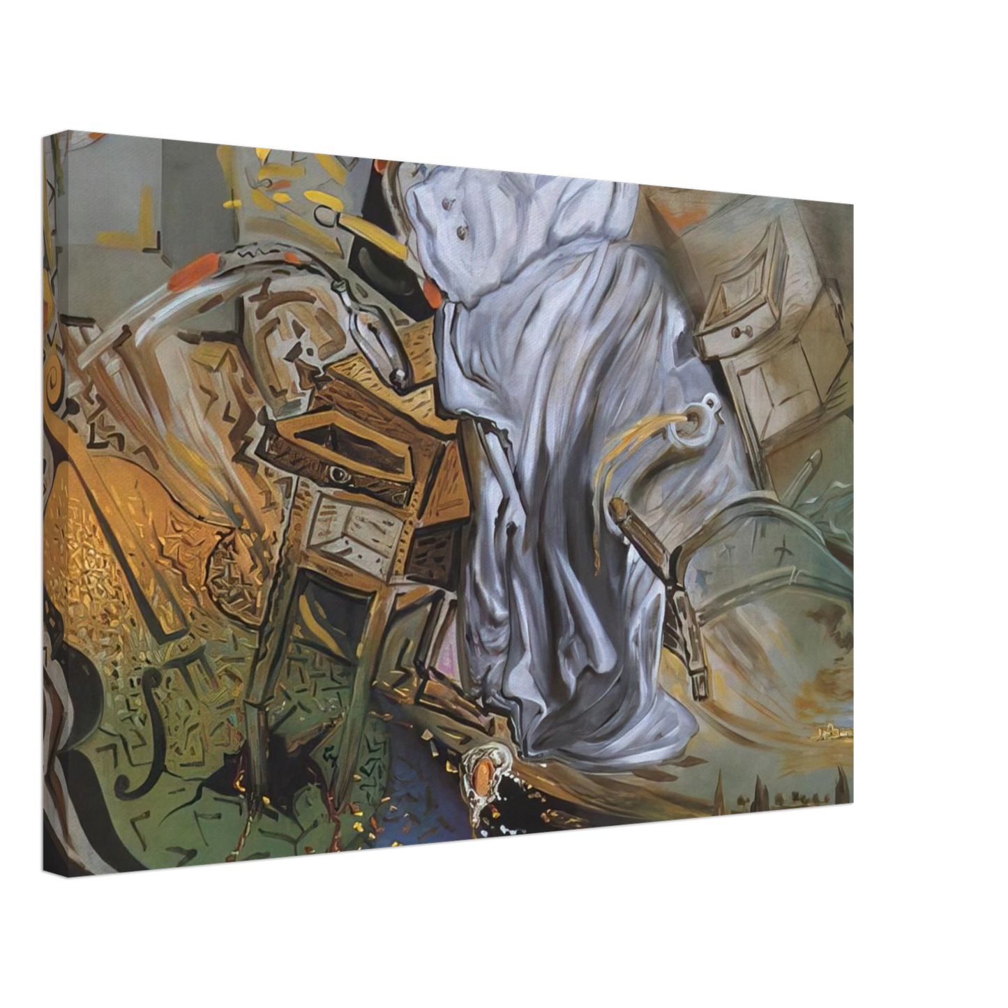 Salvador Dali - BED AND TWO BEDSIDE TABLES FEROCIOUSLY ATTACKING A CELLO FINAL STAGE Canvas - 40x60 cm / 16x24 inches-canvas