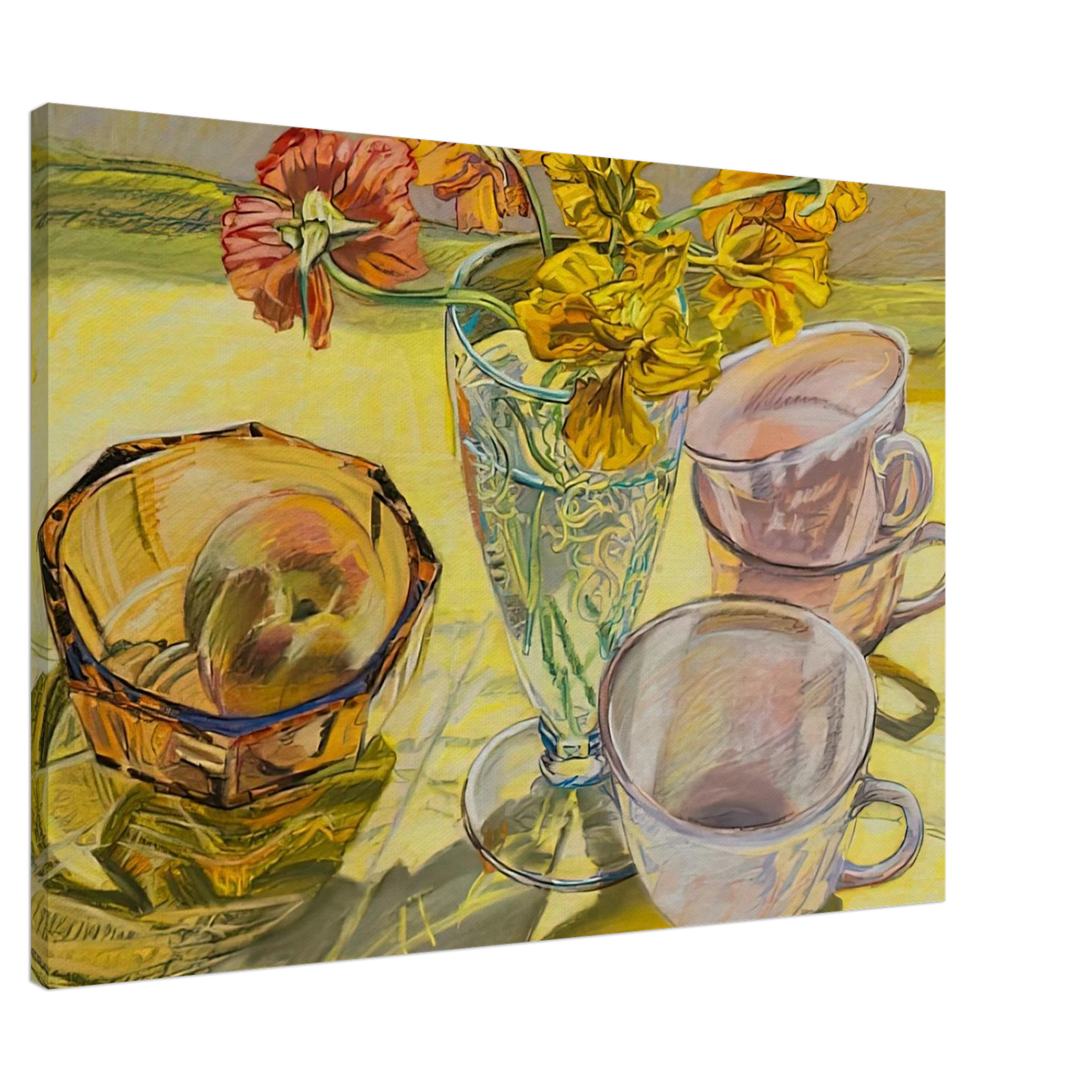 Janet Fish - NASTURTIUMS AND PINK CUPS 1981 Canvas - 20x30 cm / 8x12 inches-canvas