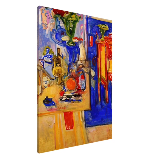 Hans Hofmann - Table with Teakettle, Green Vase and Red Flowers Canvas - 20x30 cm / 8x12 inches-canvas