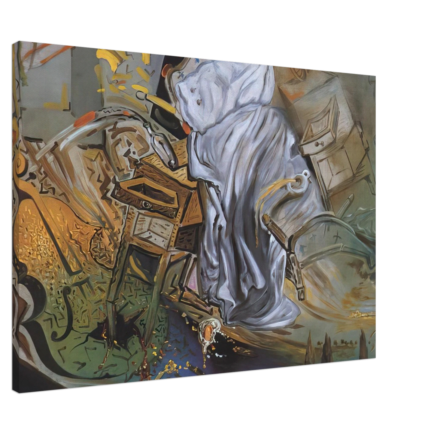 Salvador Dali - BED AND TWO BEDSIDE TABLES FEROCIOUSLY ATTACKING A CELLO FINAL STAGE Canvas - 20x30 cm / 8x12 inches-canvas