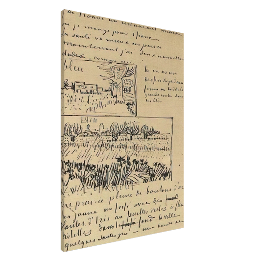 Vincent van Gogh - Farmhouse with Wheat Field along a Road and Field with Flowers Canvas - 20x30 cm / 8x12 inches-canvas