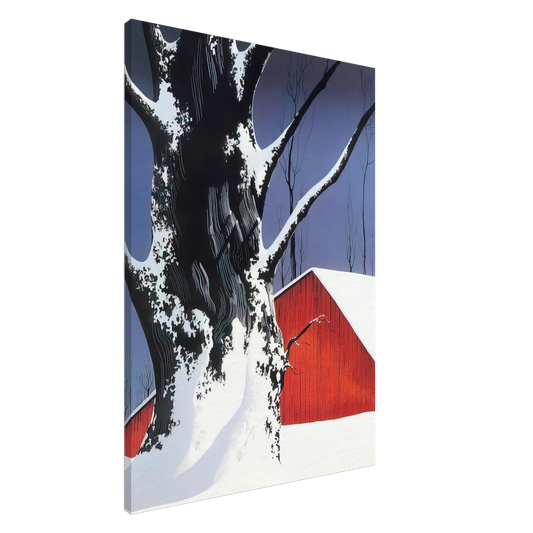 Eyvind Earle - Red Barn and Tree Snow Canvas - 20x30 cm / 8x12 inches-canvas