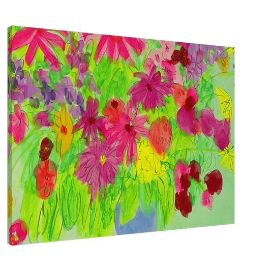 Walasse Ting - Blue Vase, Many Flowers - Naive Art Primitivism, Pop Art Canvas - 20x30 cm / 8x12 inches-canvas