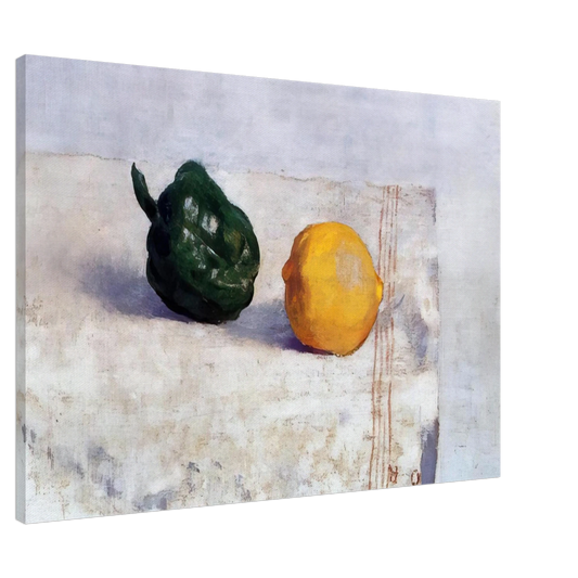 Odilon Redon - PEPPER AND LEMON ON A WHITE TABLECLOTH 1901 Canvas - 20x30 cm / 8x12 inches-canvas