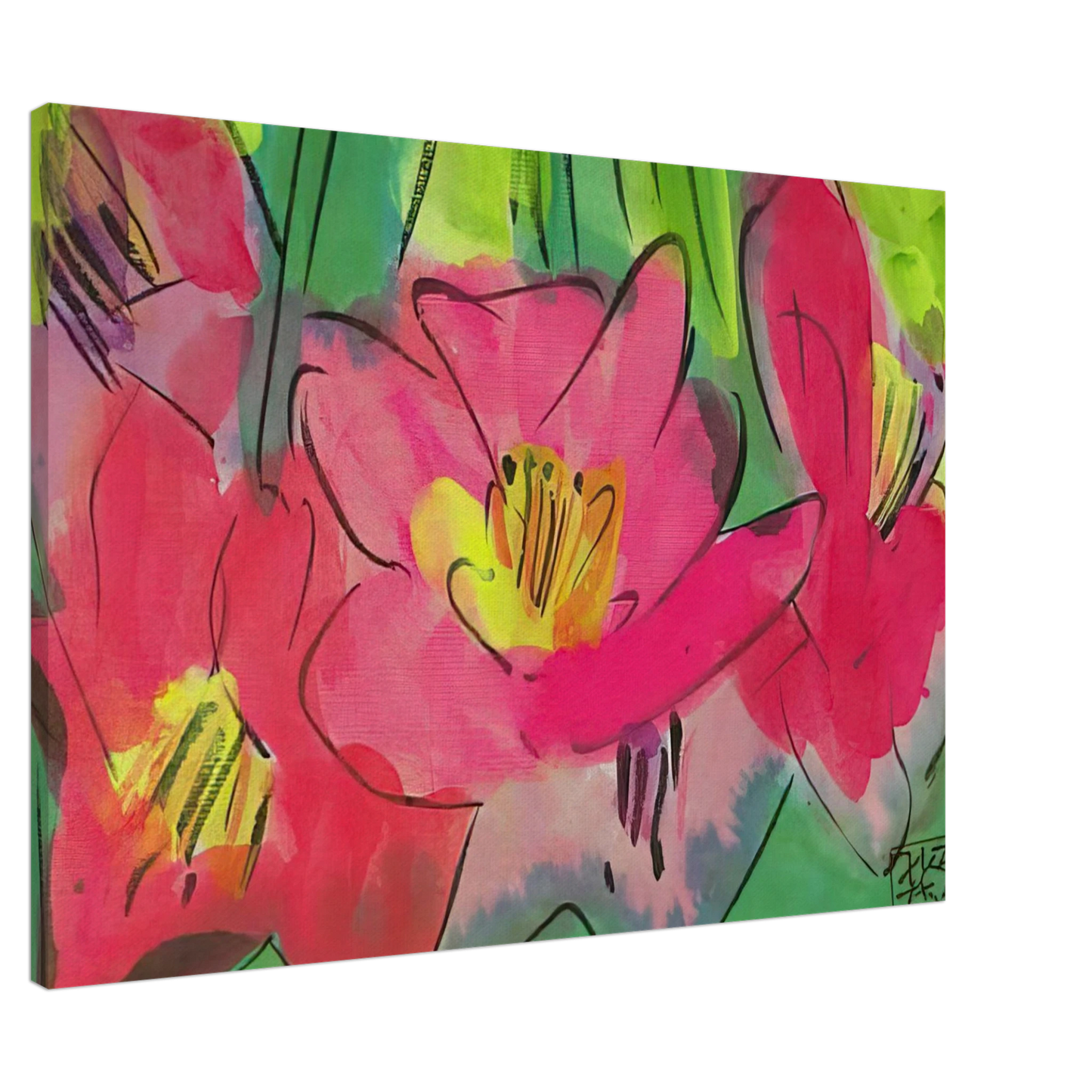 Walasse Ting - The Pinkest Flowers - Naive Art Primitivism, Pop Art Canvas - 20x30 cm / 8x12 inches-canvas