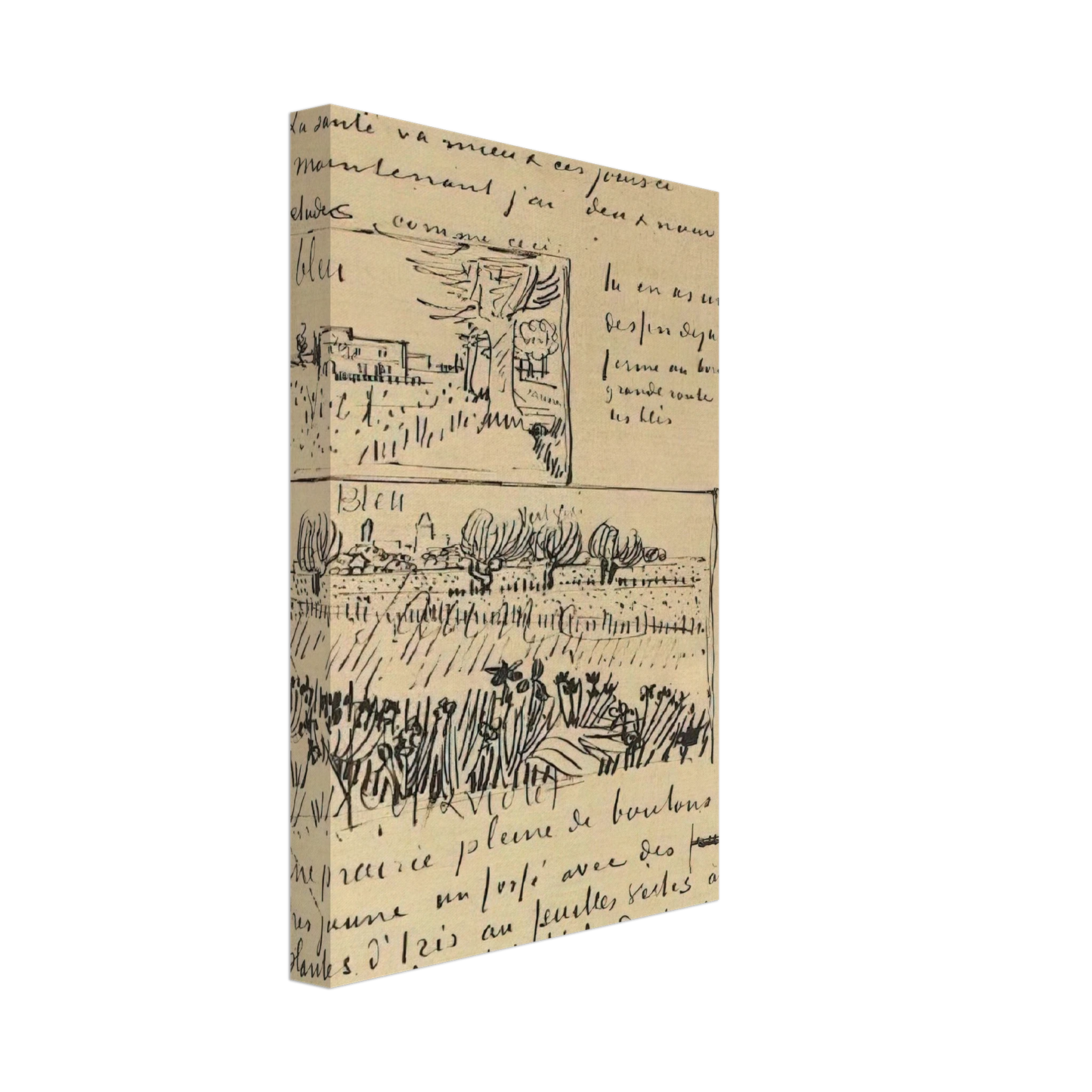 Vincent van Gogh - Farmhouse with Wheat Field along a Road and Field with Flowers Canvas - 40x60 cm / 16x24 inches-canvas