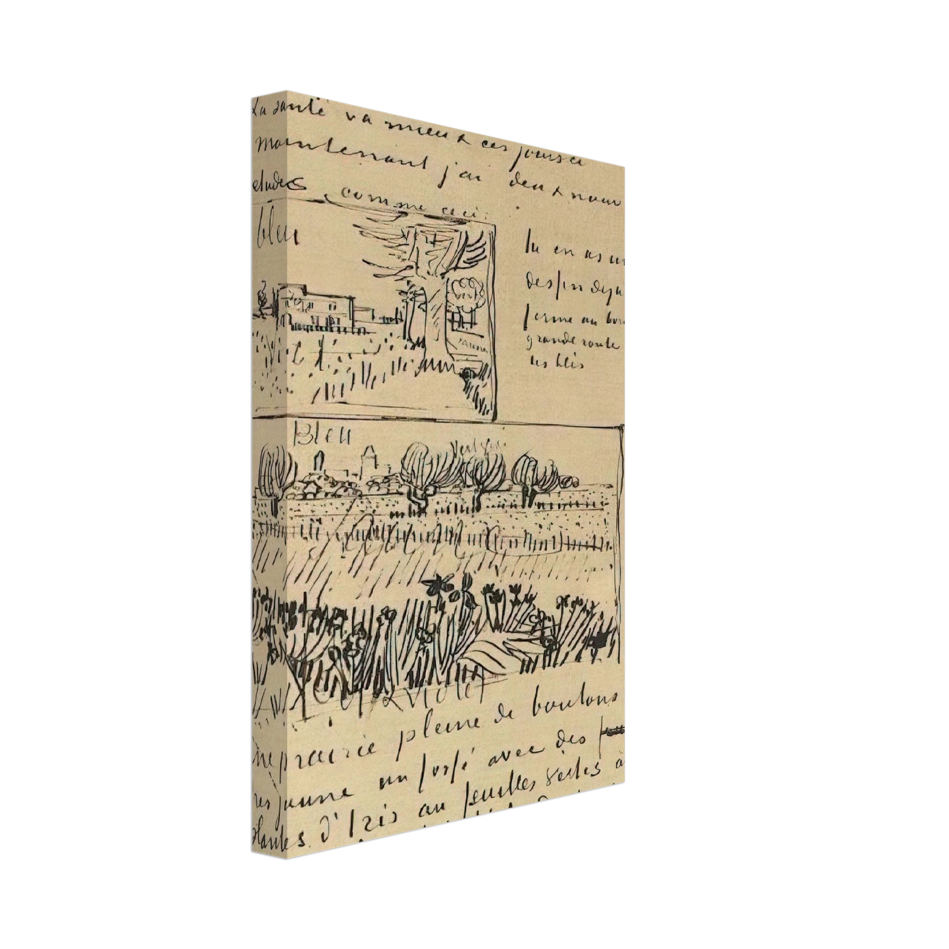 Vincent van Gogh - Farmhouse with Wheat Field along a Road and Field with Flowers Canvas - 40x60 cm / 16x24 inches-canvas