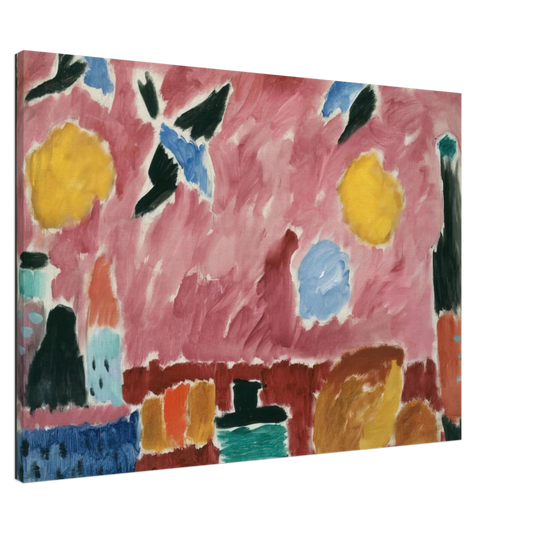 Alexej von Jawlensky - STILL LIFE WITH BOTTLE BREAD AND RED WALLPAPER WITH SWALLOWS 1915 Canvas - 20x30 cm / 8x12 inches-canvas