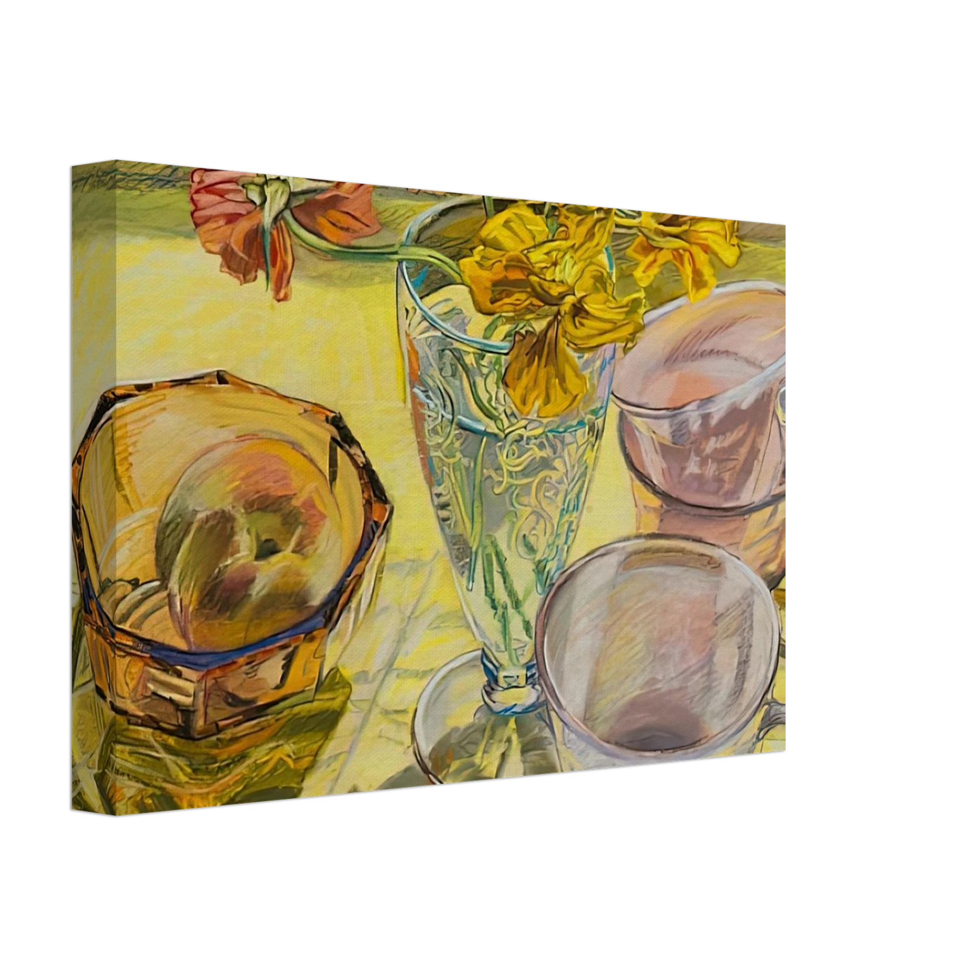 Janet Fish - NASTURTIUMS AND PINK CUPS 1981 Canvas - 40x60 cm / 16x24 inches-canvas