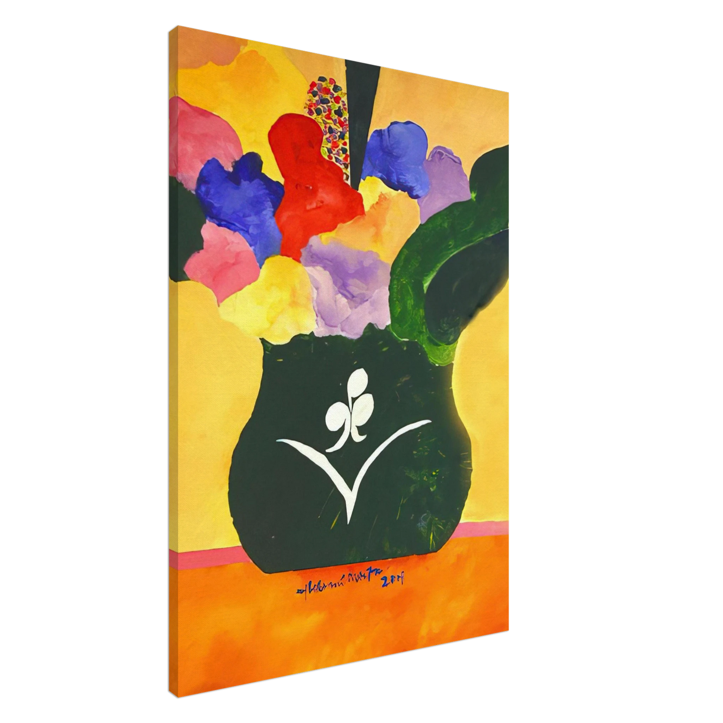Aldemir Martins - Green Vase With Flowers and Fruit - 2001 Canvas - 20x30 cm / 8x12 inches-canvas
