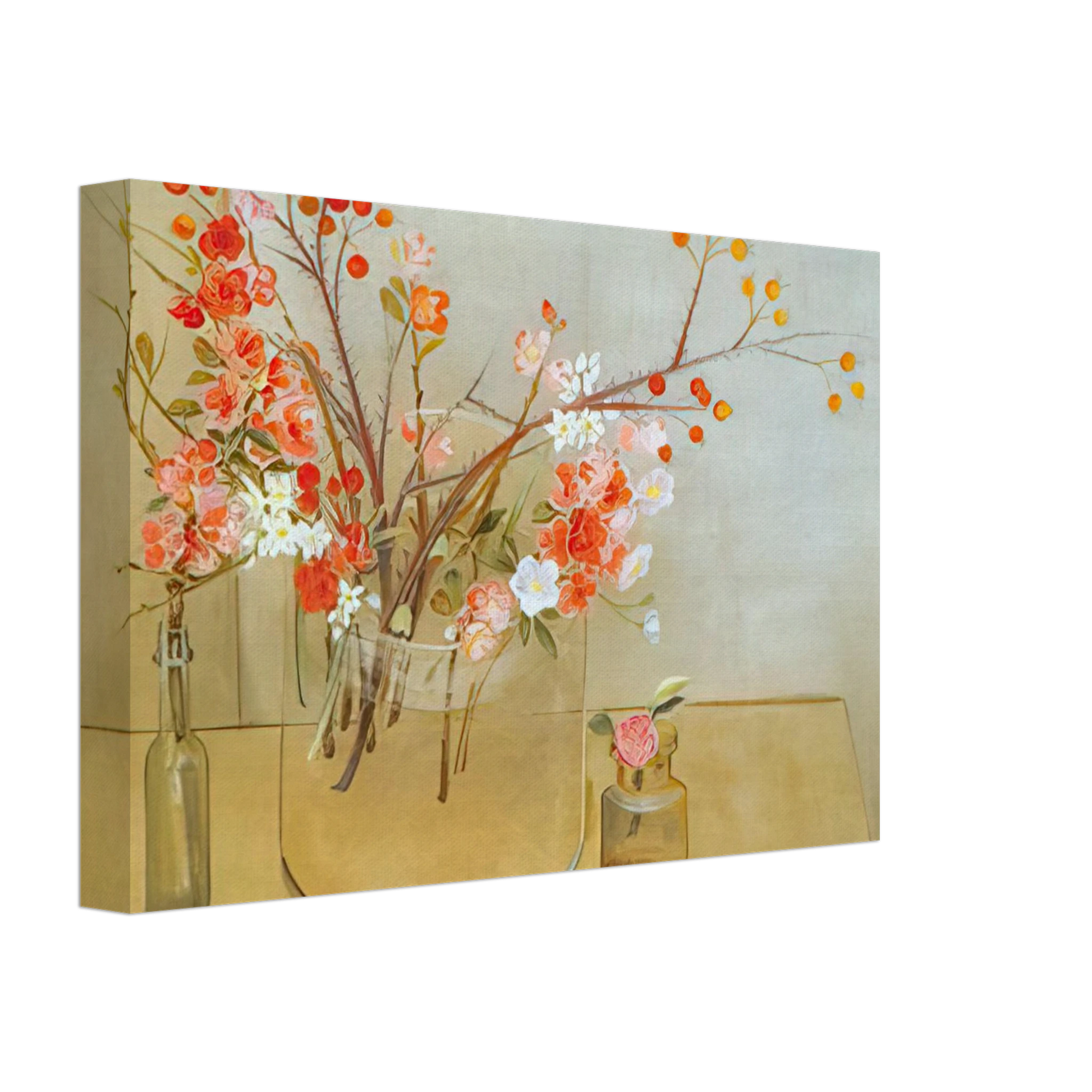 Morris Graves - Winter Bouquet flowering quince, rosehaws, narcissus, winter rose and camellia - 1977 Canvas - 40x60 cm / 16x24 inches-canvas