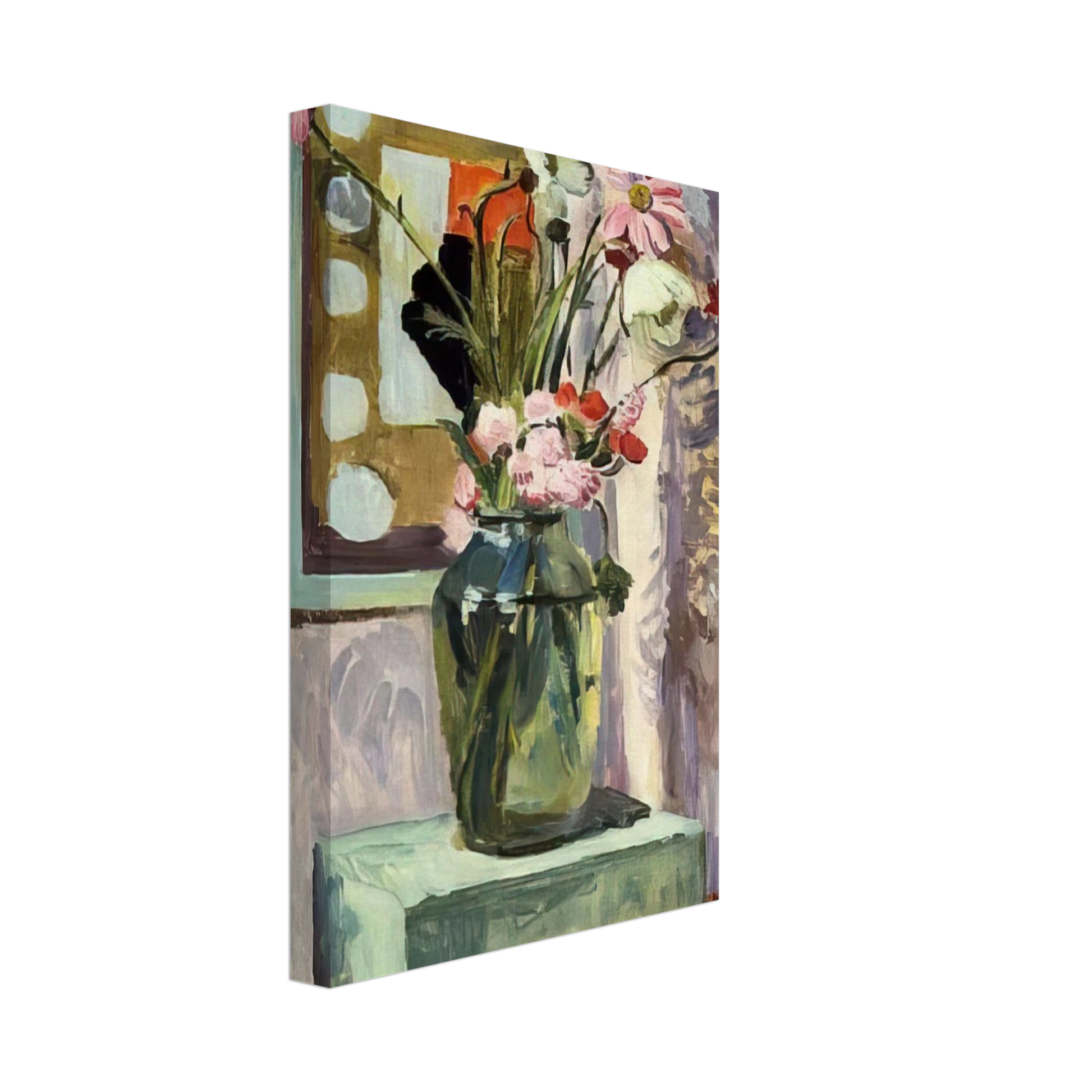 Vanessa Bell - FLOWERS IN A GLASS VASE WITH ABSTRACT NEEDLEWORK DESIGN Canvas - 40x60 cm / 16x24 inches-canvas
