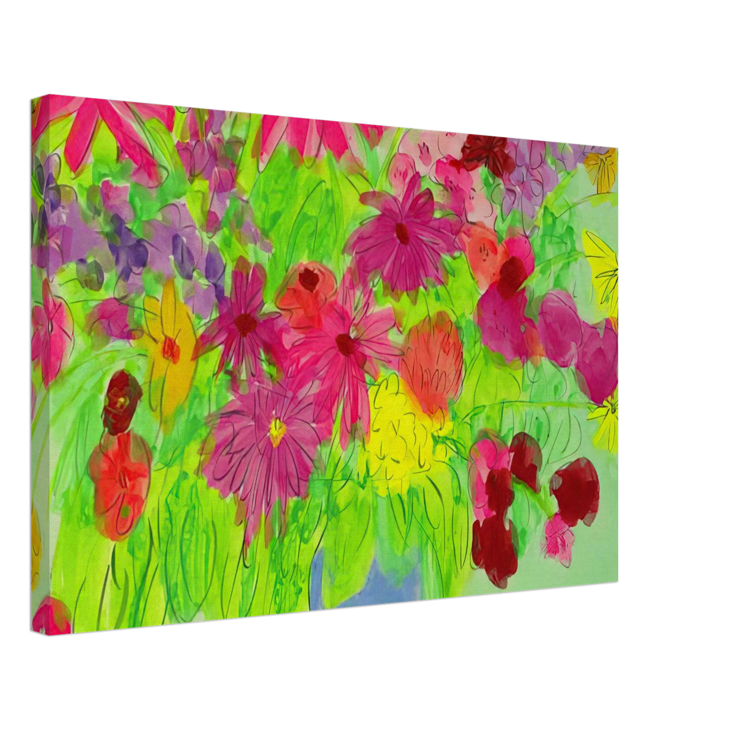 Walasse Ting - Blue Vase, Many Flowers - Naive Art Primitivism, Pop Art Canvas - 70x100 cm / 28x40 inches-canvas