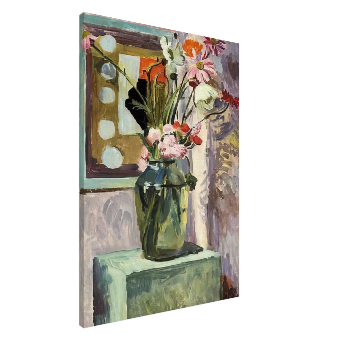 Vanessa Bell - FLOWERS IN A GLASS VASE WITH ABSTRACT NEEDLEWORK DESIGN Canvas - 20x30 cm / 8x12 inches-canvas