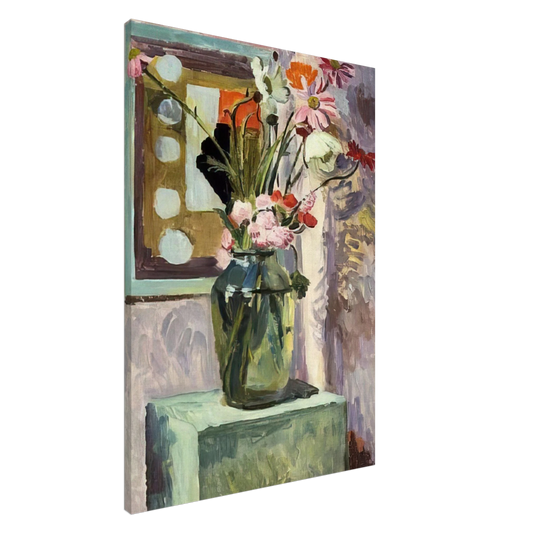 Vanessa Bell - FLOWERS IN A GLASS VASE WITH ABSTRACT NEEDLEWORK DESIGN Canvas - 20x30 cm / 8x12 inches-canvas